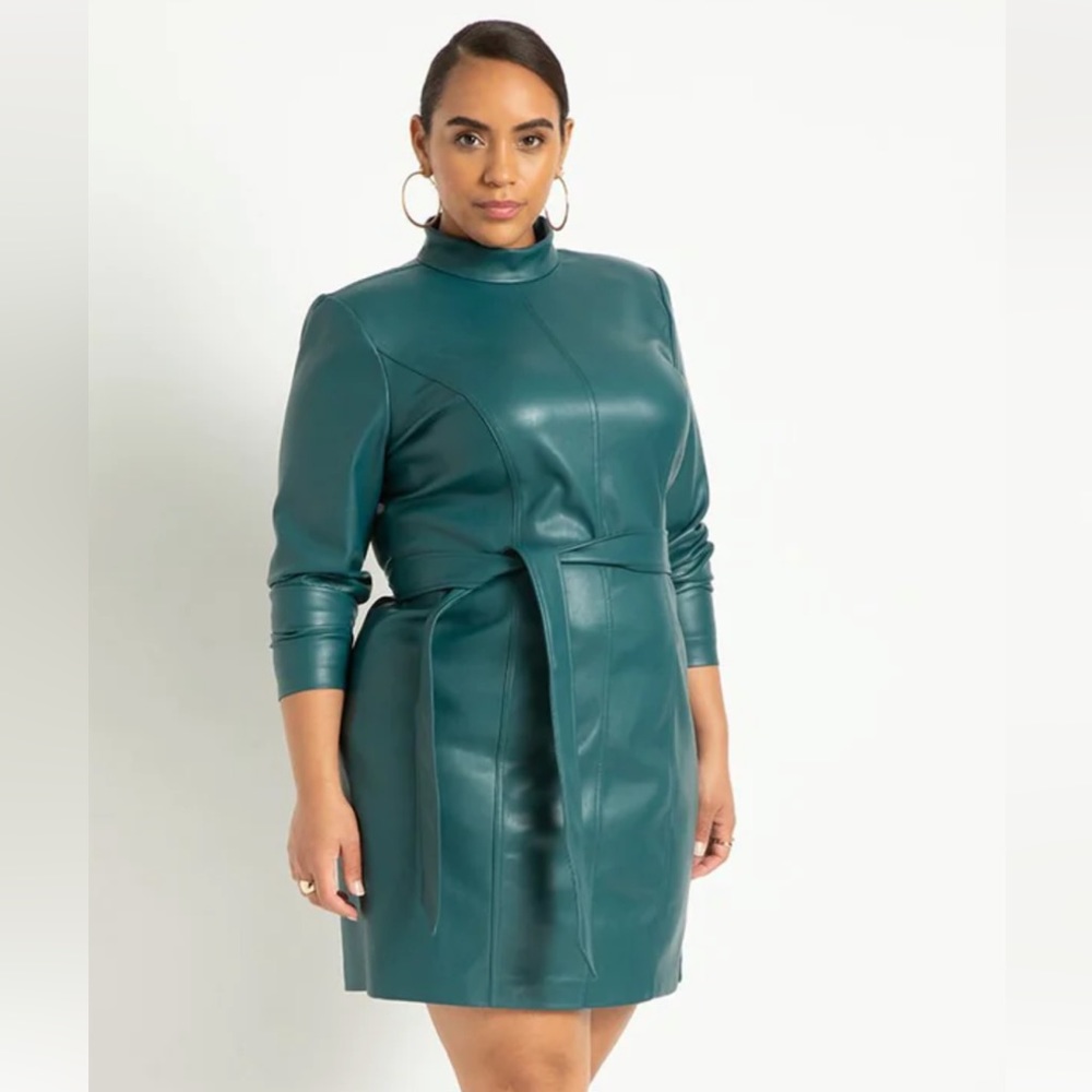 Eloquii Strong Shoulder Faux Leather Turtleneck Mini Dress